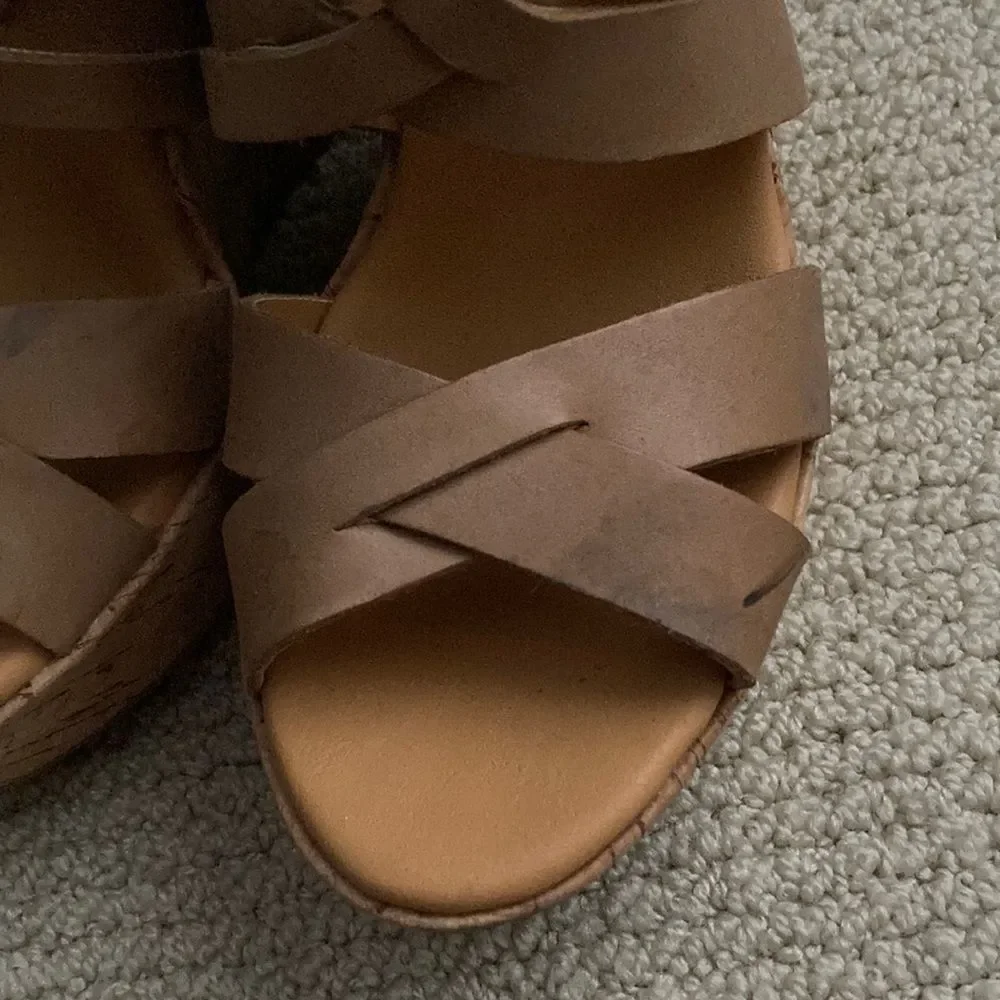 Korks by Kork-Ease Platform Wedges Size 8 Cork Leather Tan Strappy High Heels